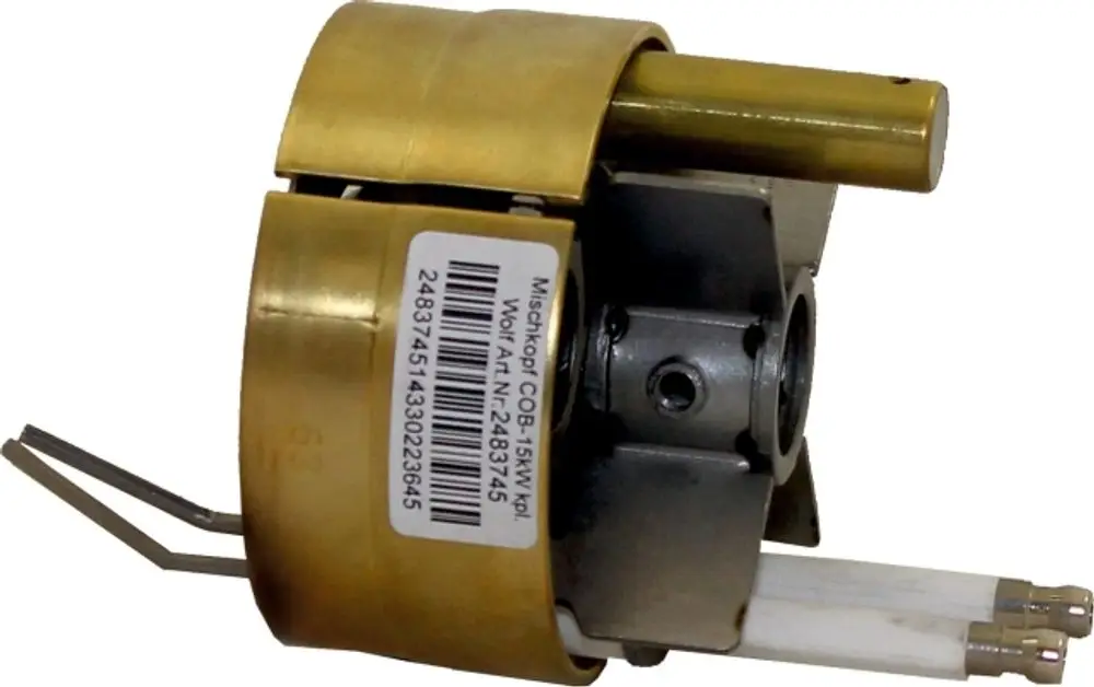 Mischkopf mit Kupfer- und Metallkomponenten, gekennzeichnet mit der Artikelnummer, geeignet für Wolf COB-15 Systeme, mit Anschlussklemmen.
